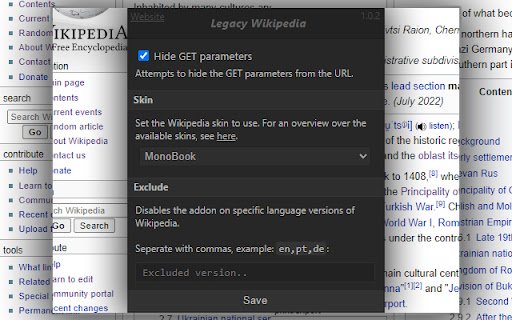 Legacy Wikipedia  from Chrome web store to be run with OffiDocs Chromium online