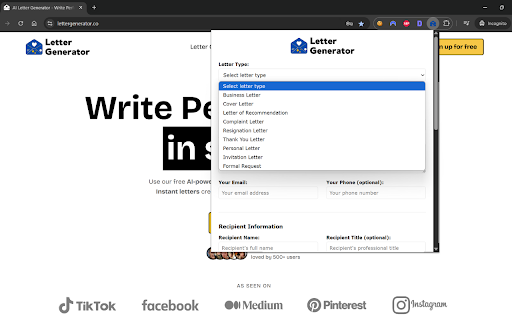 Letter Generator from Chrome web store to be run with OffiDocs Chromium online Letter Generator from Chrome web store to be run with OffiDocs Chromium online