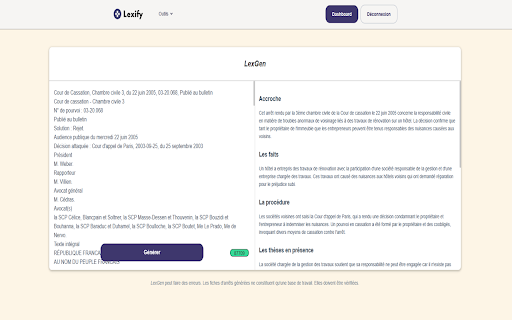 Lexify Générateur de fiches darrêt  from Chrome web store to be run with OffiDocs Chromium online