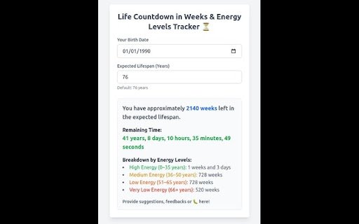 Life Countdown in Weeks  Energy Levels Tracker  from Chrome web store to be run with OffiDocs Chromium online