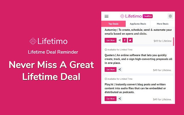 Lifetime Deal Reminder by Lifetimo  from Chrome web store to be run with OffiDocs Chromium online