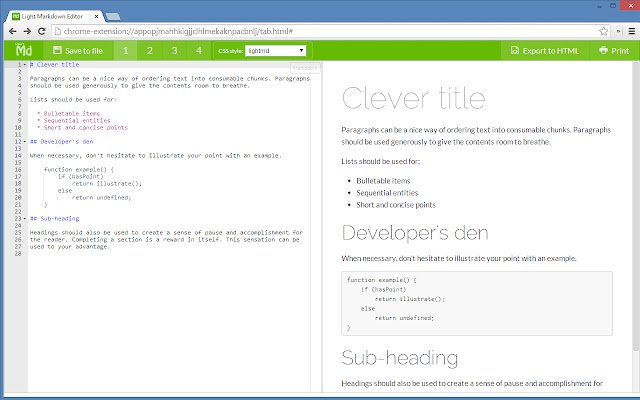 Banayad na Markdown Editor mula sa Chrome web store na tatakbo sa OffiDocs Chromium online