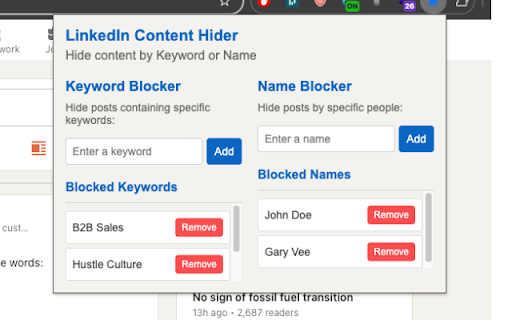 LinkedIn Content Hider  from Chrome web store to be run with OffiDocs Chromium online