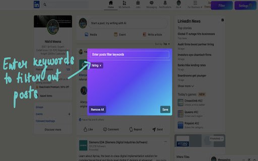 LinkedIn Posts Filter  from Chrome web store to be run with OffiDocs Chromium online