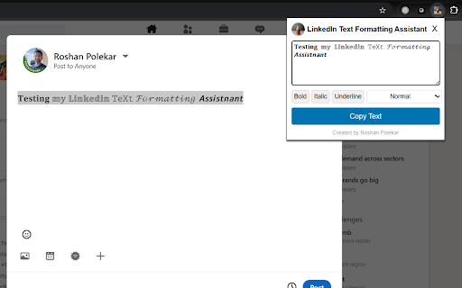 LinkedIn Text Formatting Assistant  from Chrome web store to be run with OffiDocs Chromium online
