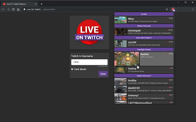 Live On Twitch ze sklepu internetowego Chrome, który można uruchomić za pomocą OffiDocs Chromium online