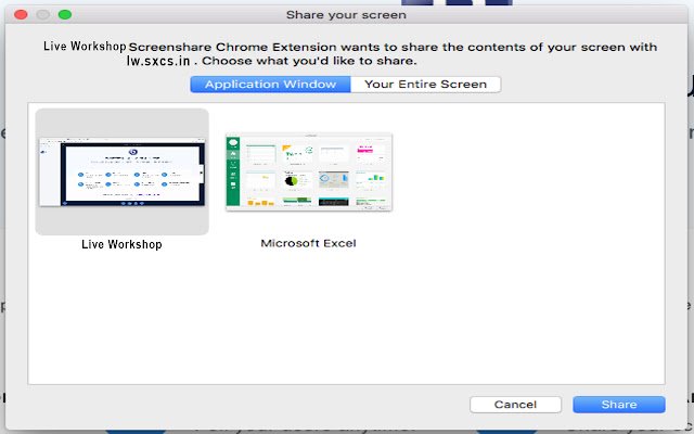 Live Workshop Screenshare Extension  from Chrome web store to be run with OffiDocs Chromium online