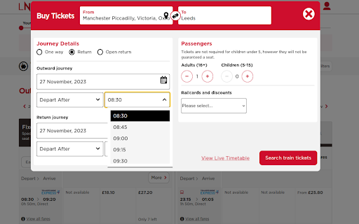 LNER Time Selector Additions from Chrome web store to be run with OffiDocs Chromium online LNER Time Selector Additions from Chrome web store to be run with OffiDocs Chromium online