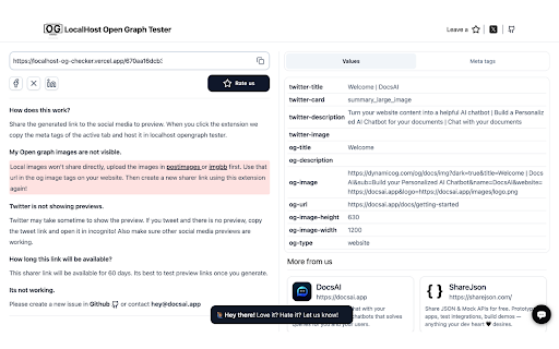 Localhost Open Graph Tester  from Chrome web store to be run with OffiDocs Chromium online