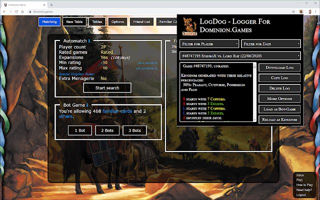 LogDog Logger for Dominion Online  from Chrome web store to be run with OffiDocs Chromium online