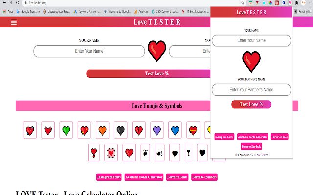 Love Tester  from Chrome web store to be run with OffiDocs Chromium online
