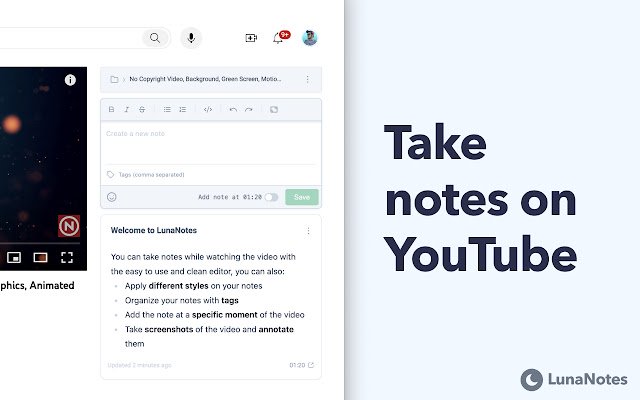 LunaNotes Rób notatki na YouTube™ ze sklepu internetowego Chrome, aby uruchamiać je w OffiDocs Chromium online