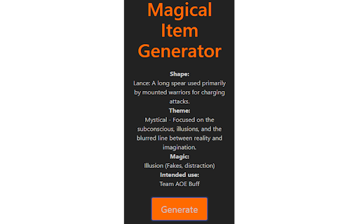Magical Item Generator from Chrome web store to be run with OffiDocs Chromium online Magical Item Generator from Chrome web store to be run with OffiDocs Chromium online