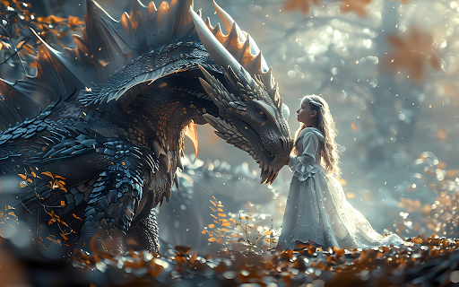 Magical scene of little girl rubbing dragon head  from Chrome web store to be run with OffiDocs Chromium online