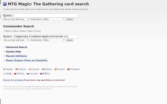 magiccards.info Commander 从 Chrome 网上应用店搜索将与 OffiDocs Chromium 在线运行