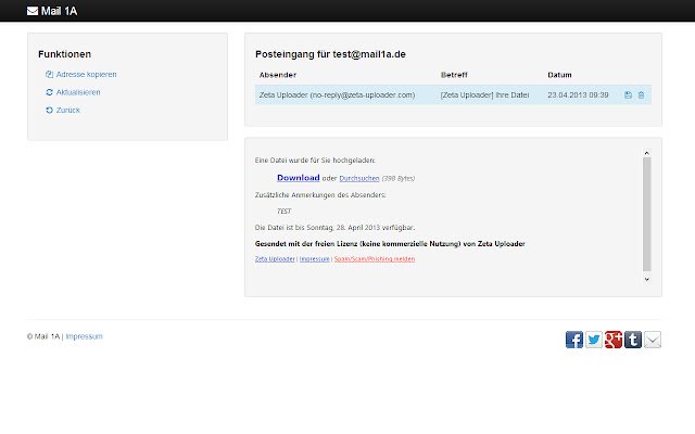 Mail 1A Wegwerf Mail mula sa Chrome web store na tatakbo sa OffiDocs Chromium online