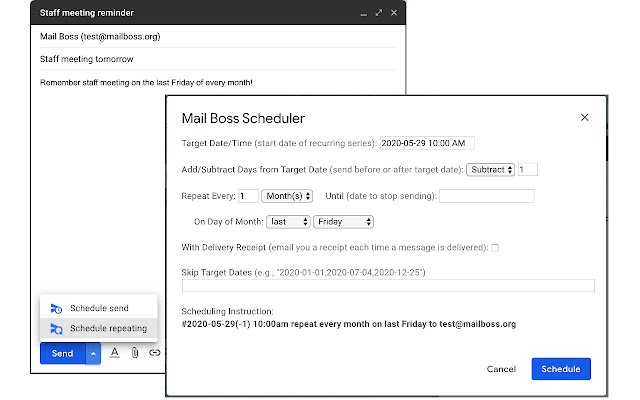 Mail Boss Scheduler para Gmail de la tienda web de Chrome se ejecutará con OffiDocs Chromium en línea