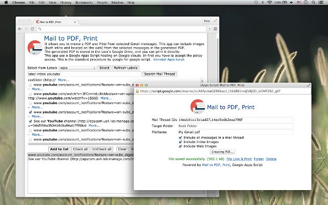 Mail to PDF, Mag-print mula sa Chrome web store na tatakbo sa OffiDocs Chromium online