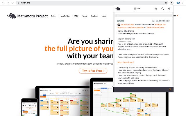 Mammoth Project Notification Extension  from Chrome web store to be run with OffiDocs Chromium online