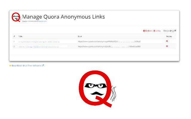 Manage Quora Anonymous Links  from Chrome web store to be run with OffiDocs Chromium online