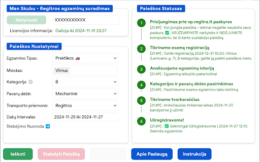MAN SKUBU Egzamino vietų paieška  from Chrome web store to be run with OffiDocs Chromium online