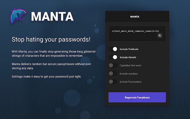 Manta: Passpharase Generator ຈາກ Chrome web store ທີ່ຈະດໍາເນີນການກັບ OffiDocs Chromium ອອນໄລນ໌