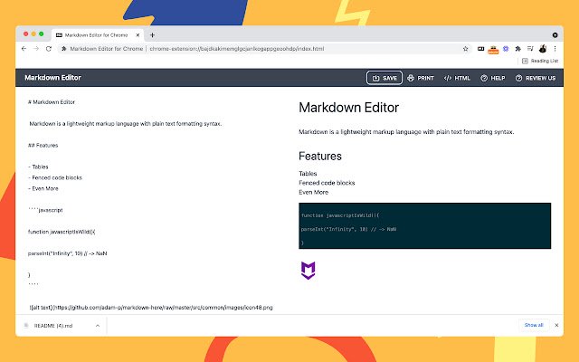 Markdown Editor ສໍາລັບ Chrome ຈາກຮ້ານເວັບ Chrome ທີ່ຈະດໍາເນີນການກັບ OffiDocs Chromium ອອນໄລນ໌
