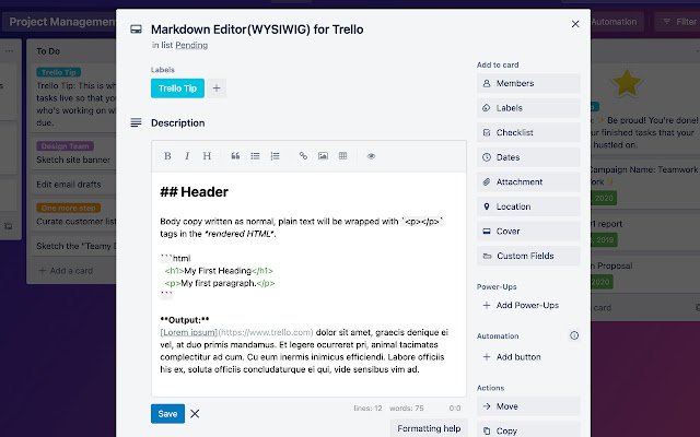 Редактор Markdown (WYSIWYG) для Trello з веб-магазину Chrome, який буде запущено з OffiDocs Chromium онлайн