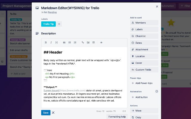 Edytor Markdown (WYSIWYG) dla Trello ze sklepu internetowego Chrome do uruchomienia z OffiDocs Chromium online