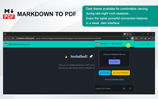 Markdown to PDF converter  from Chrome web store to be run with OffiDocs Chromium online