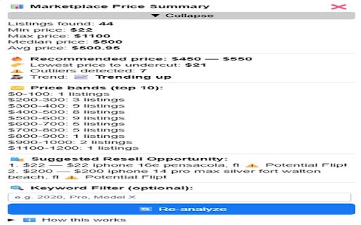 Marketplace Price Analyzer  from Chrome web store to be run with OffiDocs Chromium online