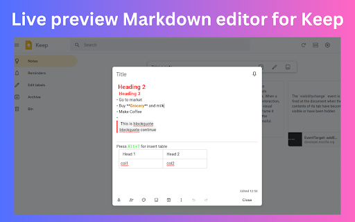 markKeep live markdown editor for keep  from Chrome web store to be run with OffiDocs Chromium online