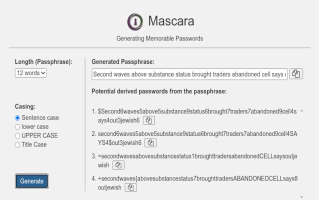 Mascara: Generating Memorable Passwords  from Chrome web store to be run with OffiDocs Chromium online