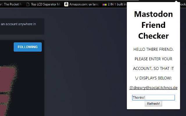 Pemeriksa Rakan Mastodon dari kedai web Chrome untuk dijalankan dengan OffiDocs Chromium dalam talian