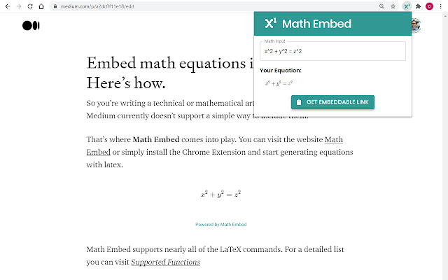 Incorporação matemática: do LaTeX ao link incorporável da loja on-line do Chrome para ser executado com o OffiDocs Chromium online