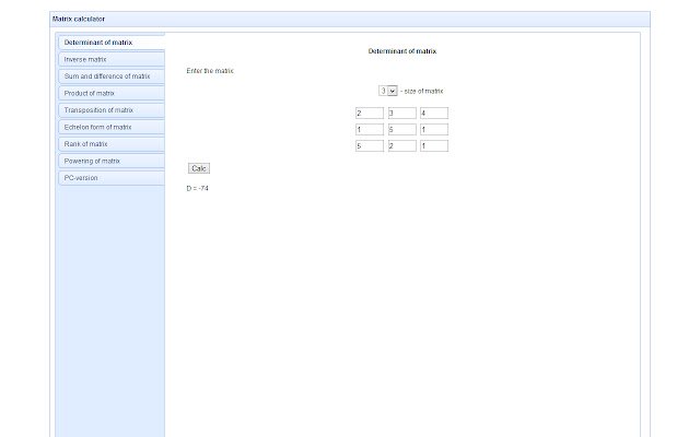 Matrixcalc  from Chrome web store to be run with OffiDocs Chromium online