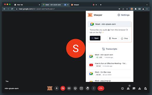 Meeper transcribe  summarize Meets  from Chrome web store to be run with OffiDocs Chromium online