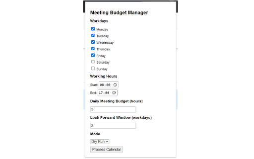Meeting Budget Manager from Chrome web store to be run with OffiDocs Chromium online Meeting Budget Manager from Chrome web store to be run with OffiDocs Chromium online