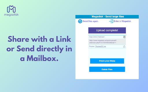 Megadisk Send large files  from Chrome web store to be run with OffiDocs Chromium online Megadisk Send large files  from Chrome web store to be run with OffiDocs Chromium online