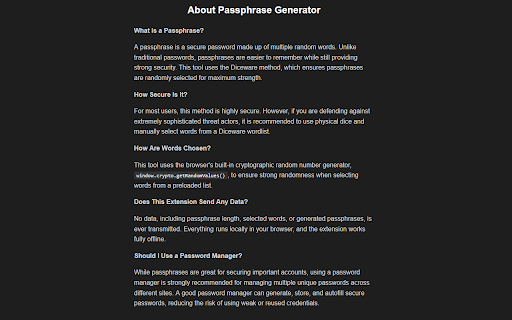 Memorable Passphrase Generator from Chrome web store to be run with OffiDocs Chromium online Memorable Passphrase Generator from Chrome web store to be run with OffiDocs Chromium online