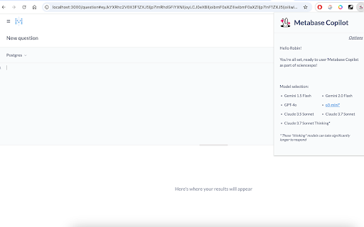 Metabase Copilot  from Chrome web store to be run with OffiDocs Chromium online