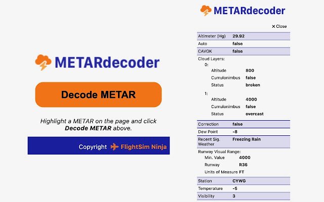 Dekoder METAR ze sklepu internetowego Chrome do uruchomienia z OffiDocs Chromium online