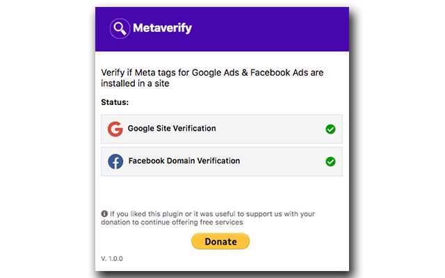 ക്രോം വെബ് സ്റ്റോറിൽ നിന്നുള്ള Metaverify വെരിഫൈ മെറ്റാ ടാഗുകൾ OffiDocs Chromium ഓൺലൈനിൽ പ്രവർത്തിക്കും