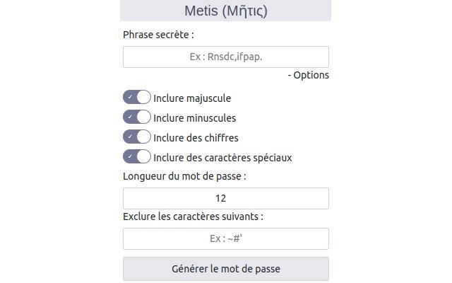 Metis (Μῆτις) password generator from Chrome web store to be run with OffiDocs Chromium online Metis (Μῆτις) password generator from Chrome web store to be run with OffiDocs Chromium online