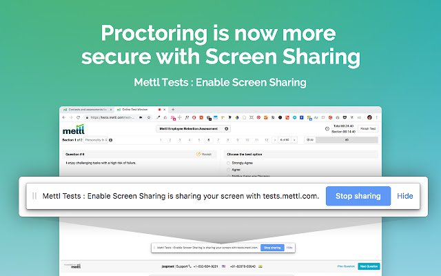 Teste Mettl: activați partajarea ecranului din magazinul web Chrome pentru a fi rulat cu OffiDocs Chromium online