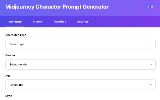 Midjourney Character Prompt Generator from Chrome web store to be run with OffiDocs Chromium online Midjourney Character Prompt Generator from Chrome web store to be run with OffiDocs Chromium online