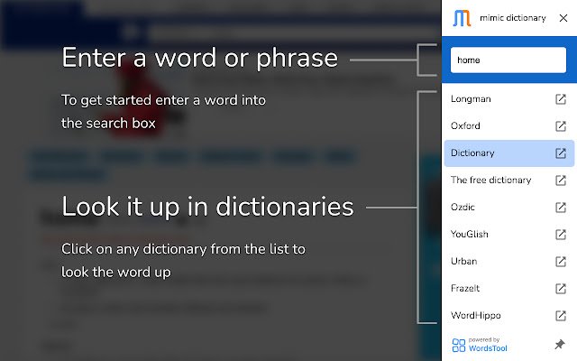 Mimic dictionary  from Chrome web store to be run with OffiDocs Chromium online