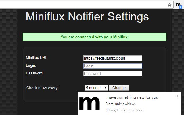 Pemberitahuan Miniflux daripada kedai web Chrome untuk dijalankan dengan OffiDocs Chromium dalam talian