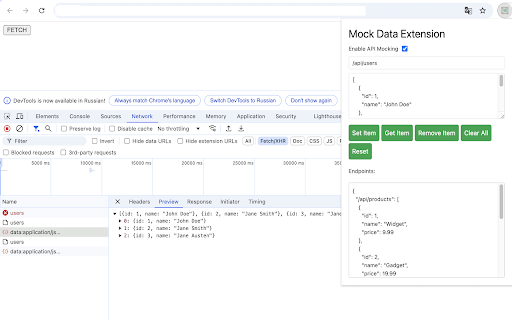 Mock Data Extension  from Chrome web store to be run with OffiDocs Chromium online