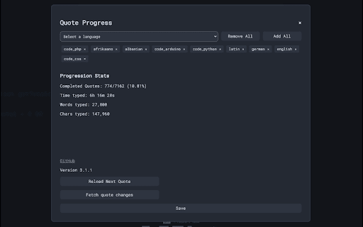 Monkeytype Quote Tracker  from Chrome web store to be run with OffiDocs Chromium online
